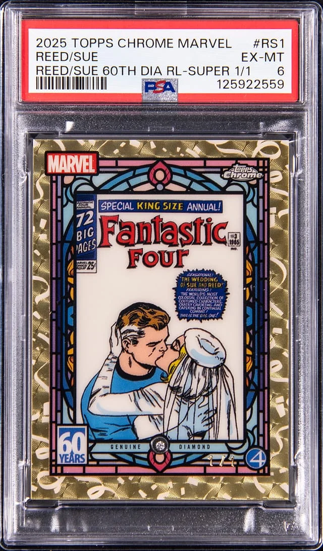 2025 Topps Chrome Reed/Sue Marvel 60th Diamond Relic Superfractor #RS-1 card image