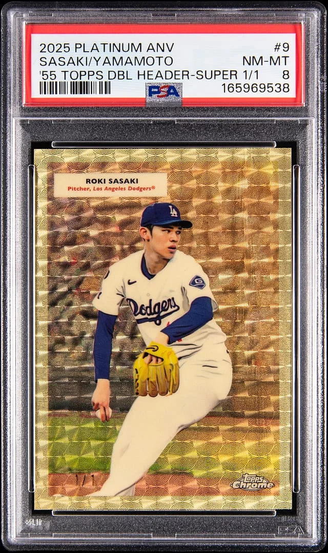 2025 Topps Chrome Roki Sasaki/Yoshinobu Yamamoto 1955 Topps Doubleheaders SuperFractor #55DH-9 card image