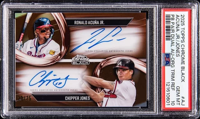 2025 Topps Chrome Ronald Acuna Jr./Chipper Jones Pitch Black Pair Dual Autograph Orange Trim Refractor #PDPA-AJ card image