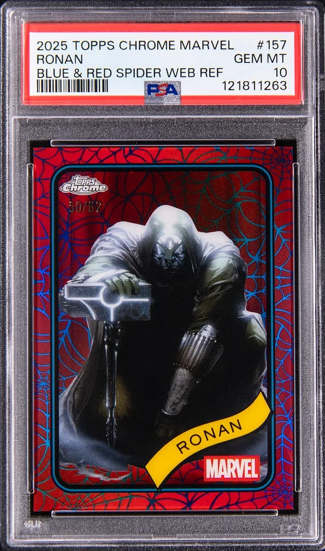 2025 Topps Chrome Ronan Marvel Blue & Red Spider Web Refractor #157 card image