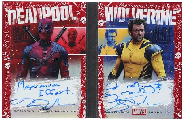 2025 Topps Chrome Ryan Reynolds/Hugh Jackman Deadpool Dual Autographs Inscription Booklet Red Refractor #OC-RH card image
