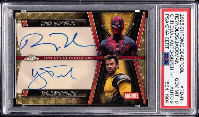 2025 Topps Chrome Ryan Reynolds/Hugh Jackman Deadpool Chrome Dual Autograph SuperFractor #TD-RH card image