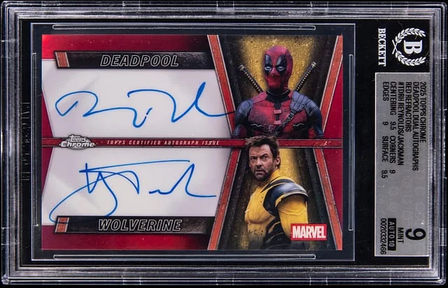 2025 Topps Chrome Ryan Reynolds/Hugh Jackman Deadpool Dual Autographs Red Refractor #TDRH card image