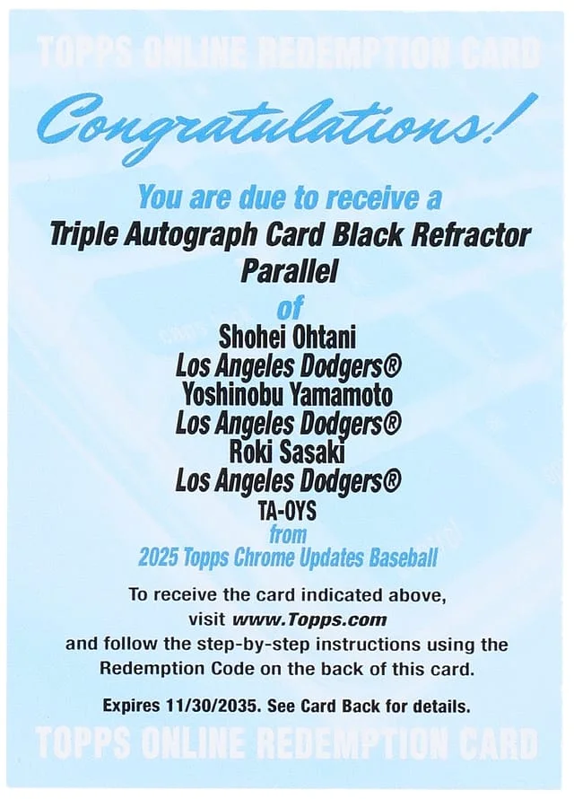 2025 Topps Chrome Shohei Ohtani/Yoshinobu Yamamoto/Roki Sasaki Multi-Signed Card Unused Redemption Triple Autographs Black Refractor #TA-OYS card image
