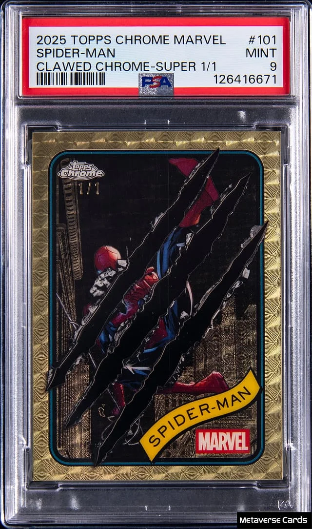 2025 Topps Chrome Spider-Man Marvel Clawed Chrome SuperFractor #101 card image