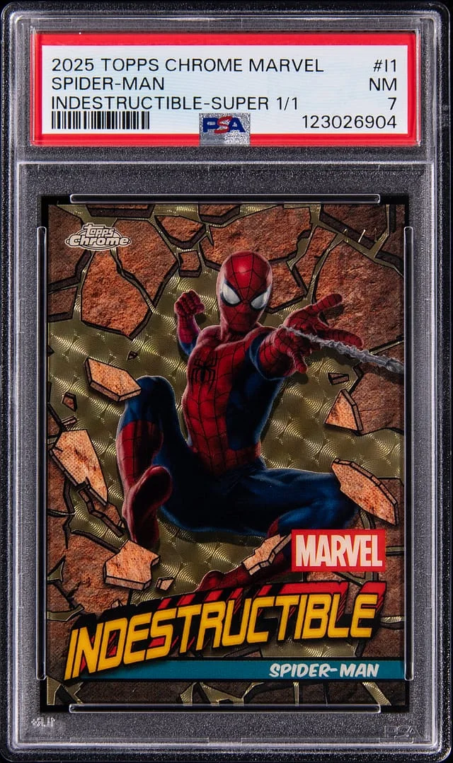 2025 Topps Chrome Spider-Man Marvel Indestructible SuperFractor #I-1 card image