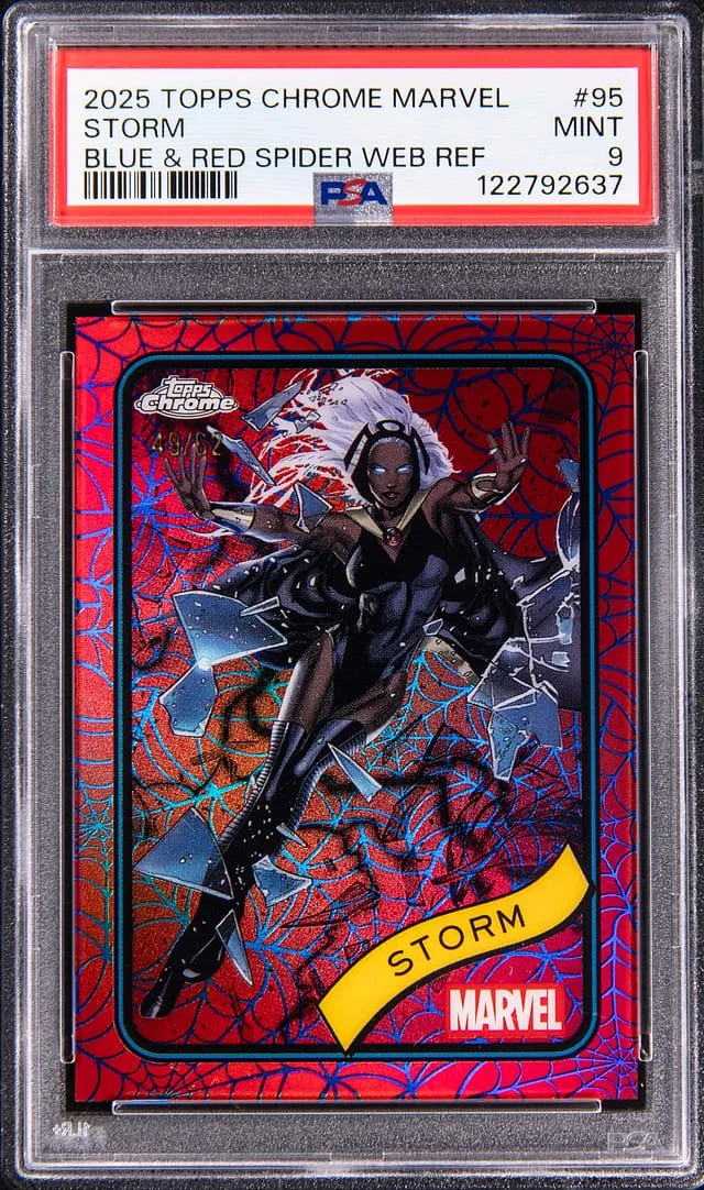 2025 Topps Chrome Storm Marvel Blue & Red Spider Web Refractor #95 card image