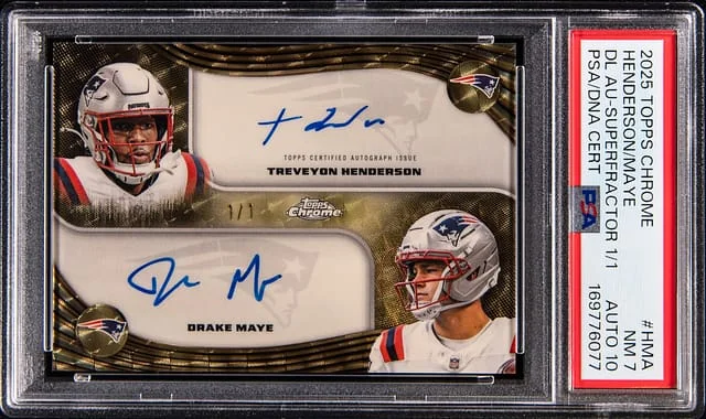 2025 Topps Chrome TreVeyon Henderson/Drake Maye Dual Autographs SuperFractor #DA-HMA card image