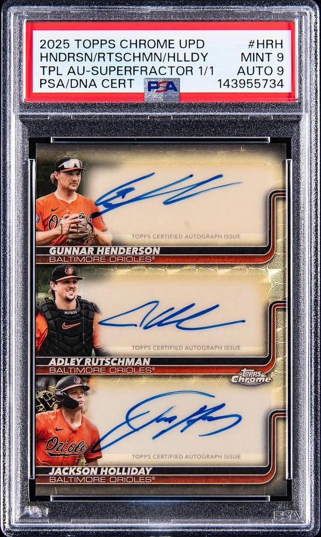 2025 Topps Chrome Update Gunnar Henderson/Adley Rutschman/Jackson Holliday Multi-Signed Triple Autographs SuperFractor #TA-HRH card image