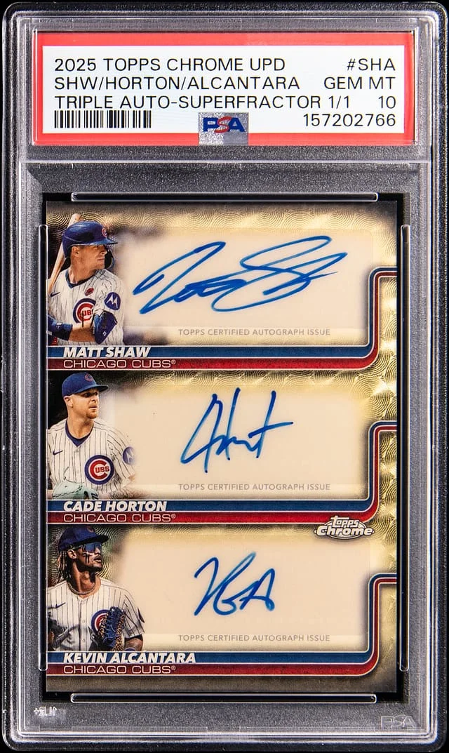 2025 Topps Chrome Update Matt Shaw/Cade Horton/Kevin Alcantara Multi-Signed Triple Autographs SuperFractor #TA-SHA card image