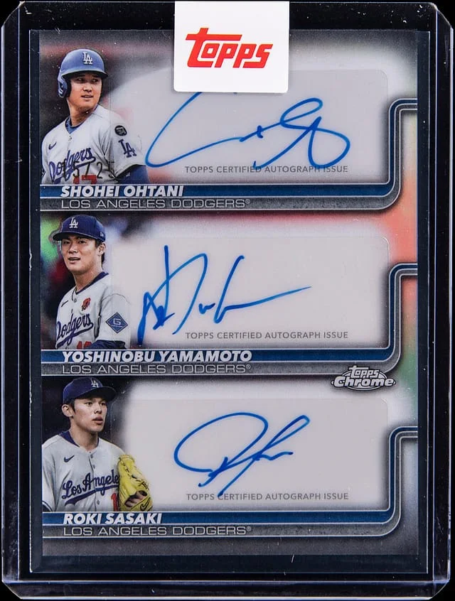 2025 Topps Chrome Update Shohei Ohtani/Yoshinobu Yamamoto/Roki Sasaki Multi-Signed Card - Topps Sealed Triple Autographs #TA-OYS card image