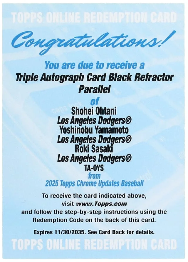 2025 Topps Chrome Update Shohei Ohtani/Yoshinobu Yamamoto/Roki Sasaki Multi-Signed - Unused Redemption Triple Autographs Black Refractor #TA-OYS card image