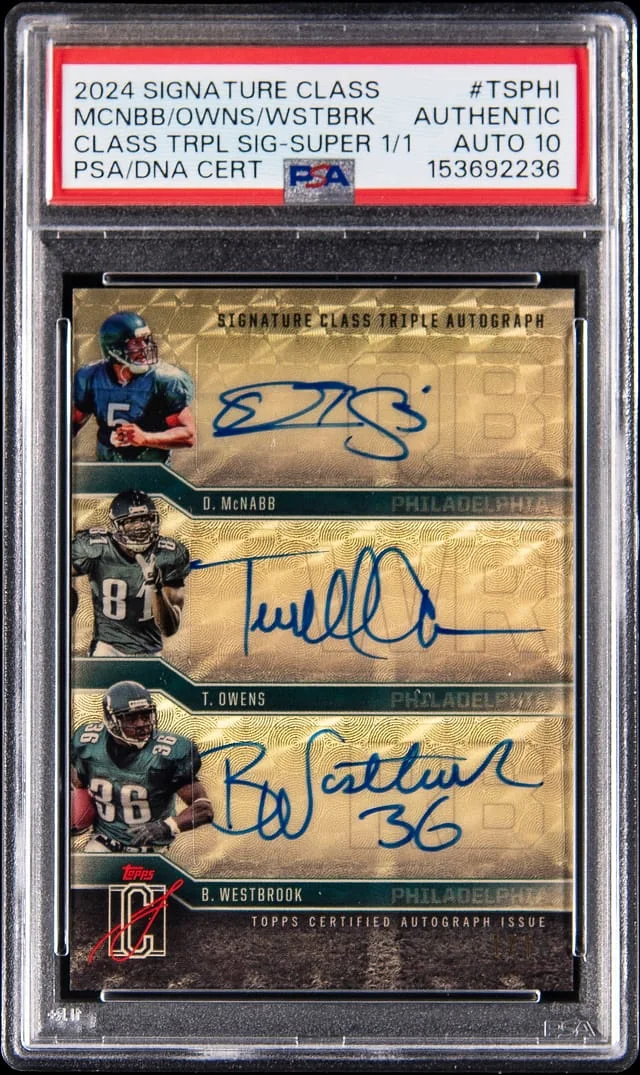2025 Topps Donovan McNabb/Terrell Owens/Brian Westbrook Multi-Signed Signature Class Triple Signature SuperFractor #TS-PHI card image