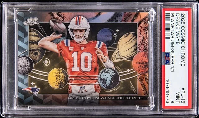 2025 Topps Drake Maye Cosmic Chrome Planetarium Superfractor #PL-15 card image