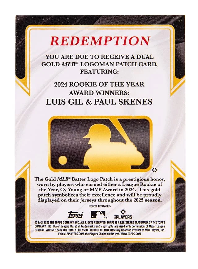2025 Topps Dual Gold MLB Logoman Patches Paul Skenes/Luis Gil MLB Logoman #no-number card image