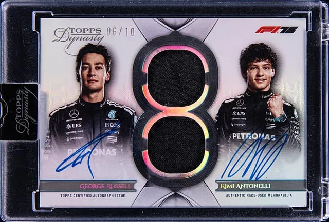 2025 Topps Dynasty George Russell/Kimi Antonelli F1 Constructor Team Dual Relic Autographs Red #CDRA-MER card image