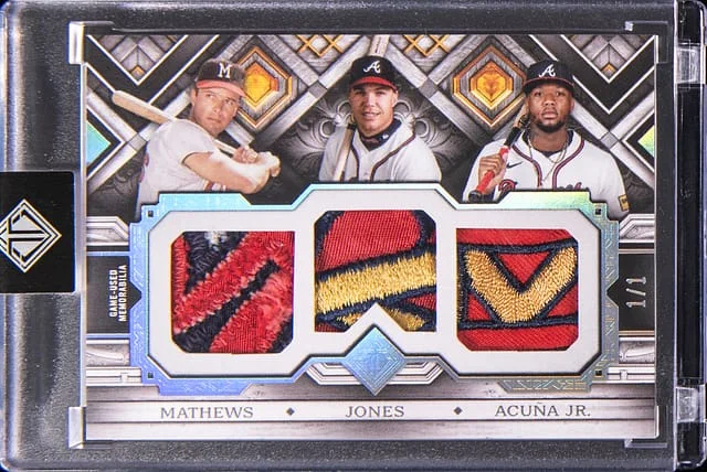 2025 Topps Eddie Mathews/Chipper Jones/Ronald Acuna Jr. Transcendent Triple Patch #TCTP-MJA card image