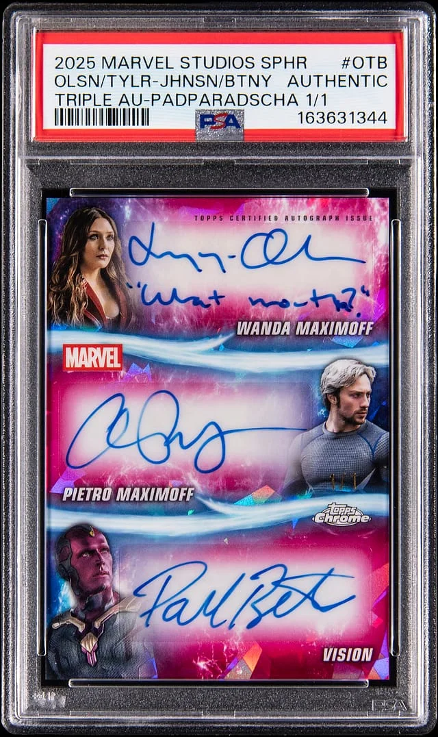 2025 Topps Elizabeth Olsen/Aaron Taylor-Johnson/Paul Bettany Multi-Signed Marvel Studios Chrome Sapphire Edition Triple Autographs Padparadscha #TA-OTB card image