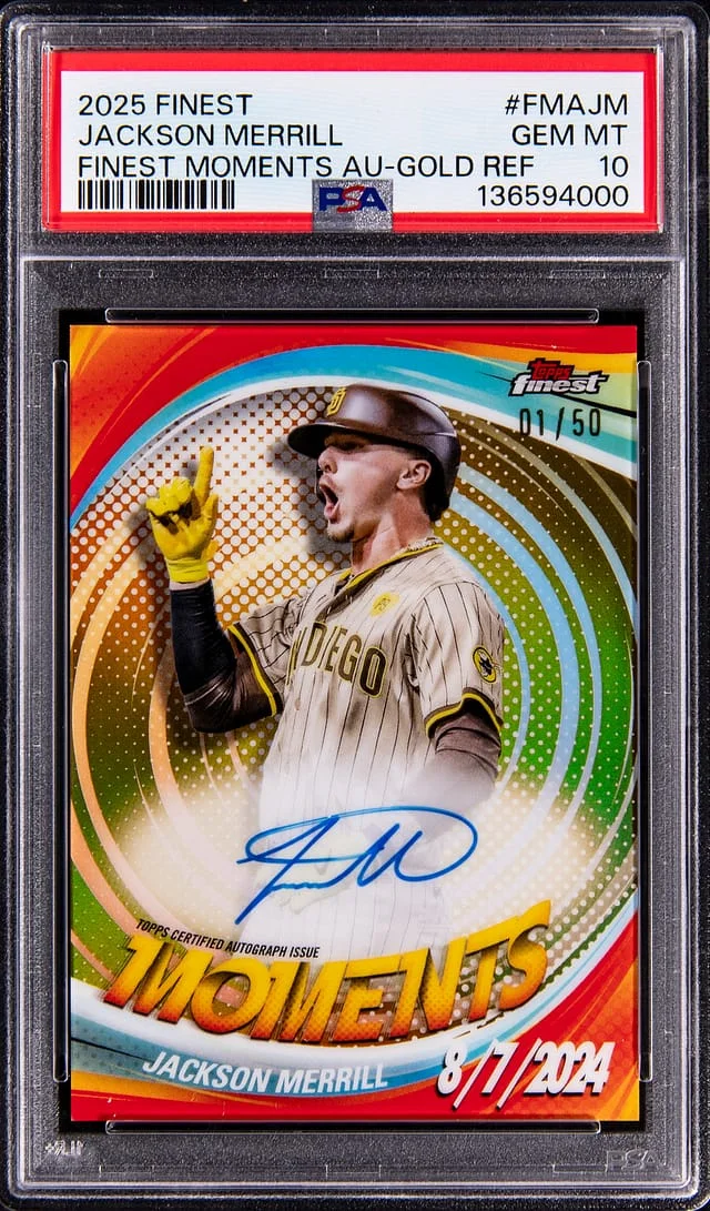 2025 Topps Finest Jackson Merril Moments Autograph Gold Refractor #FMA-JM card image