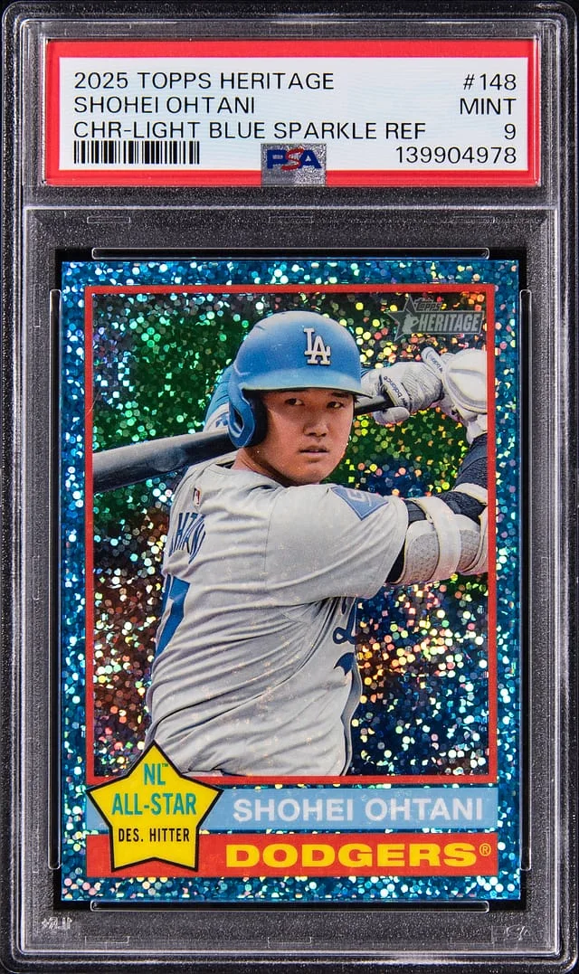 2025 Topps Heritage Chrome Shohei Ohtani Light Blue Sparkle Refractor #148 card image
