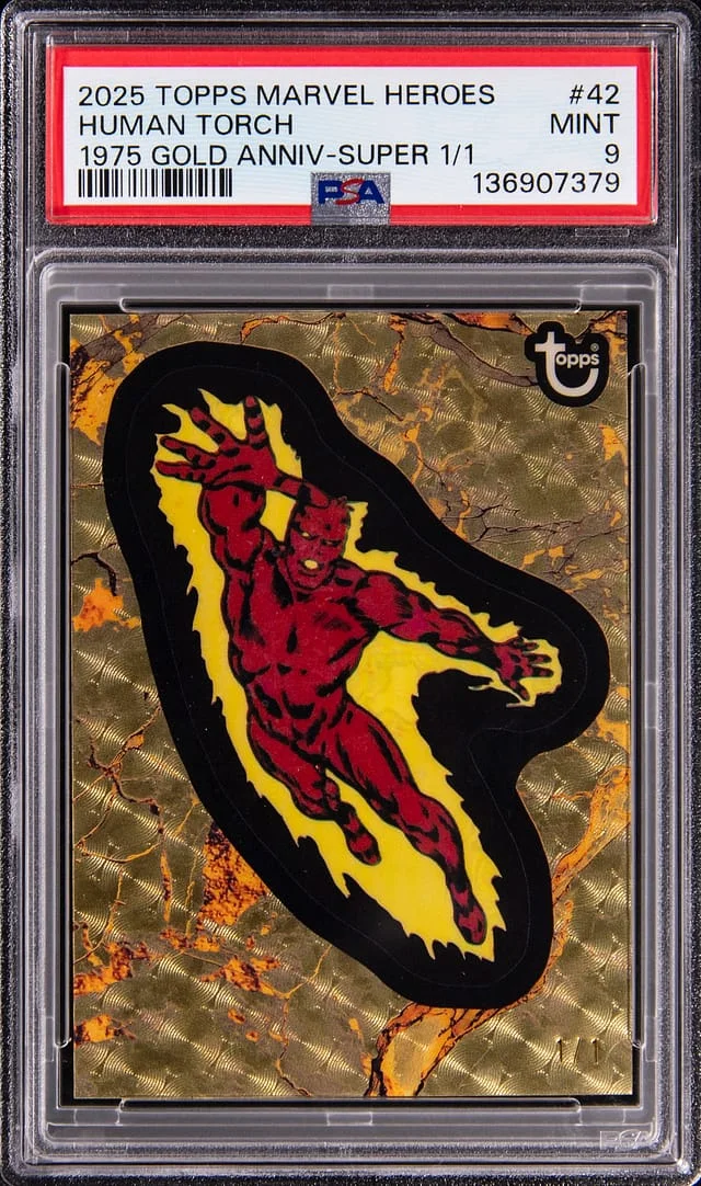 2025 Topps Human Torch Marvel Comic Book Heroes 1975 Gold Anniversary SuperFractor #42 card image