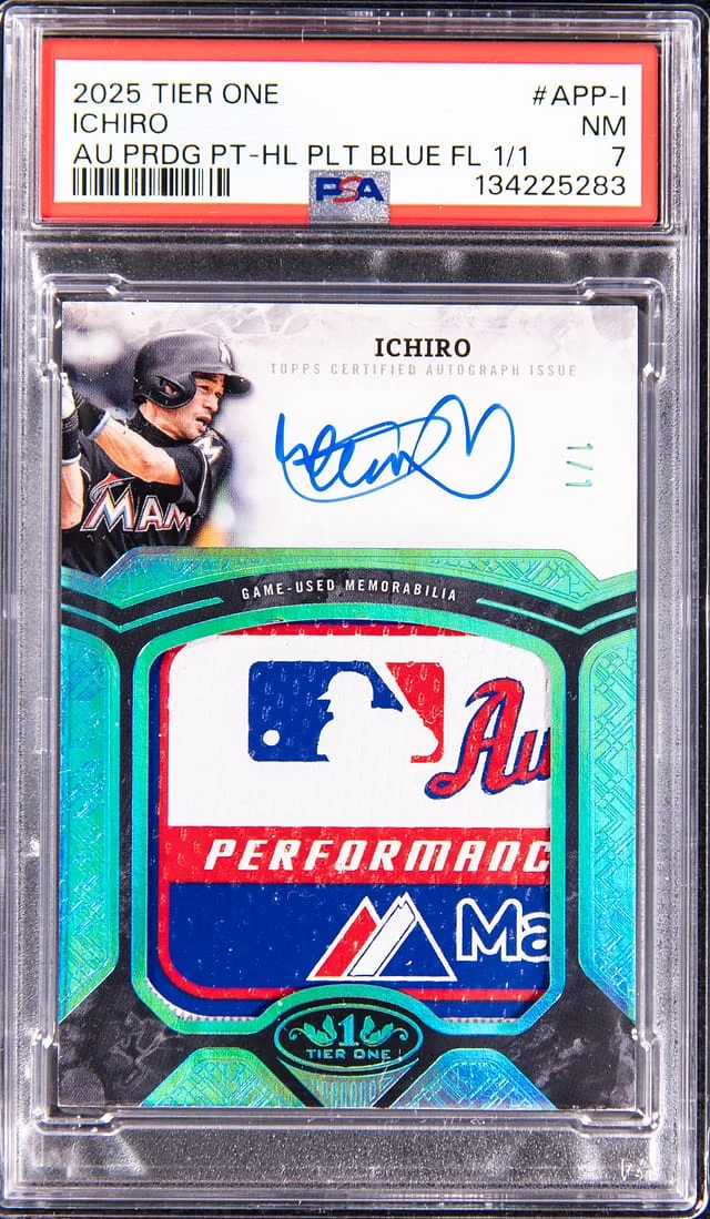 2025 Topps Ichiro Tier One Autographed Prodigious Patches Holo Platinum Blue Foil #APP-I card image