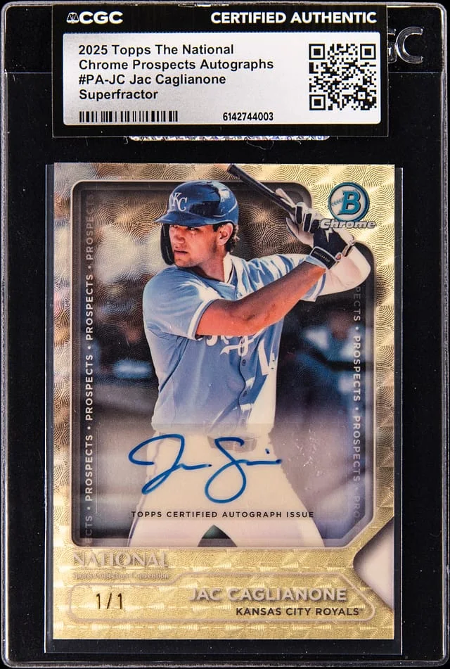 2025 Topps Jac Caglianone The National Chrome Prospect Autographs SuperFractor #PA-JC card image