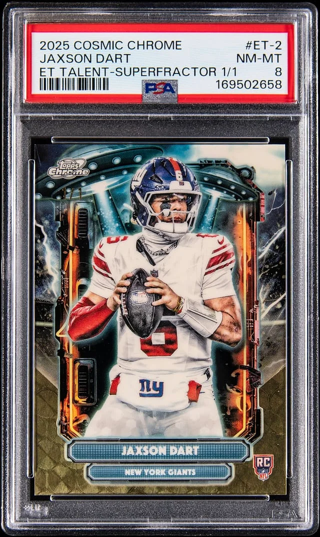 2025 Topps Jaxson Dart Cosmic Chrome Extraterrestrial Talent SuperFractor #ET-2 card image