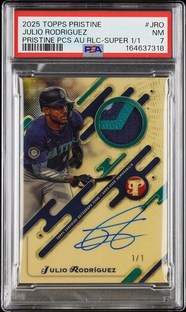 2025 Topps Julio Rodriguez Pristine Pristine Pieces Autograph Relic Superfractor #PPAR-JRO card image
