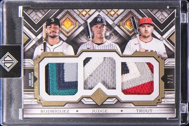 2025 Topps Julio Rodriguez/Aaron Judge/Mike Trout Game-Used Transcendent Triple Patch #TCTP-RJT card image