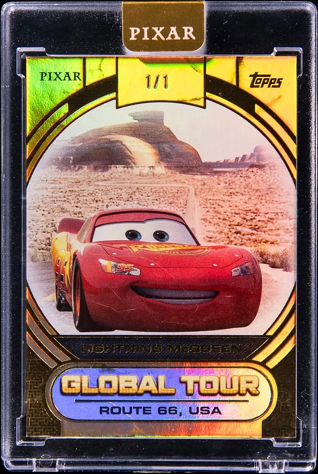 2025 Topps Lightning McQueen - Topps Encased Pixar Gold Global Tour Double Gold #GT-10 card image