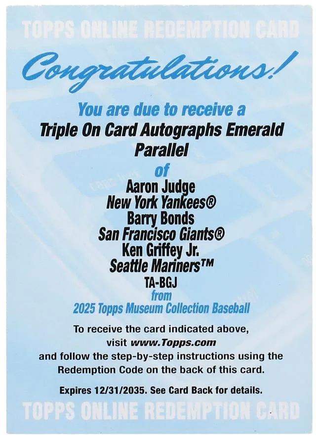 2025 Topps Museum Collection Aaron Judge/Barry Bonds/Ken Griffey Jr. Multi-Signed Card - Unused Redemption Triple On Card Autographs Emerald #TA-BGJ card image