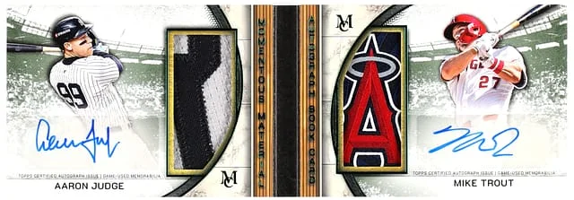 2025 Topps Museum Collection Aaron Judge/Mike Trout Momentous Material Dual Jumbo Patch Autograph #MMDPA-JT card image
