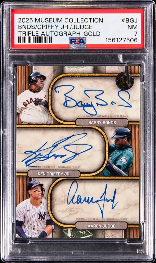 2025 Topps Museum Collection Barry Bonds/Ken Griffey Jr./Aaron Judge Multi-Signed Triple Autographs Gold #TA-BGJ card image