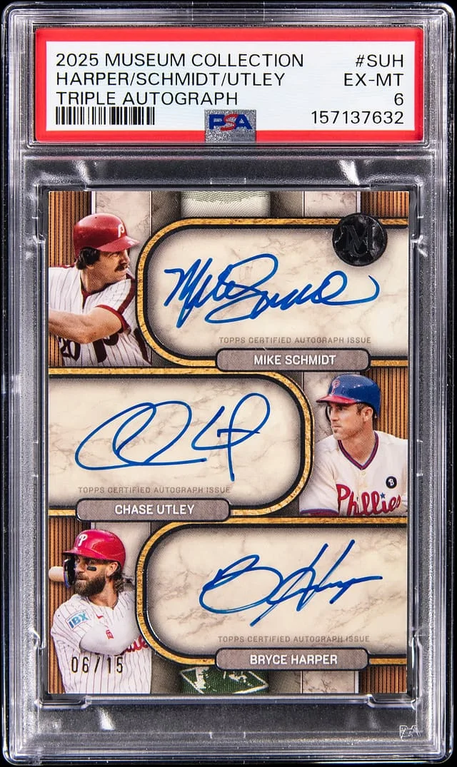 2025 Topps Museum Collection Harper/Schmidt/Utley Multi-Signed Triple Autograph #TA-SUH card image