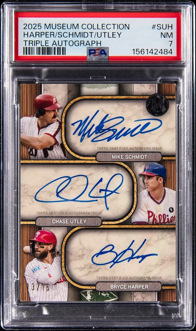 2025 Topps Museum Collection Mike Schmidt/Chase Utley/Bryce Harper Triple Autograph #TA-SUH card image