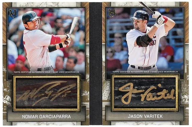 2025 Topps Museum Collection Nomar Garciaparra/Jason Varitek Dual Autographed Jumbo Lumber Bat Relics #DAJLB-GV card image