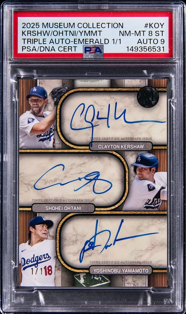 2025 Topps Museum Collection Shohei Ohtani/Clayton Kershaw/Yoshinobu Yamamoto Multi-Signed Triple Autograph Emerald #TA-KOY card image
