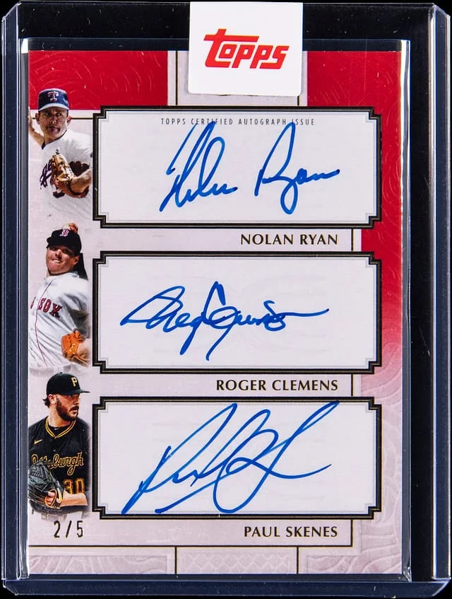 2025 Topps Nolan Ryan/Roger Clemens/Paul Skenes Multi-Signed Card - Topps Sealed Definitive Collection Definitive Trio Autographs Red #DTAC-RCS card image