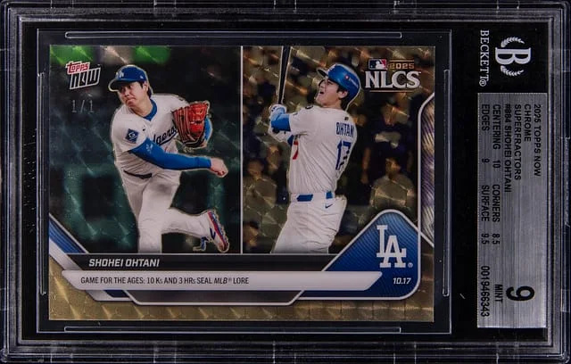 2025 Topps Now Shohei Ohtani - "Game For the Ages" 3 HR's 10 K's Chrome SuperFractor #884 card image