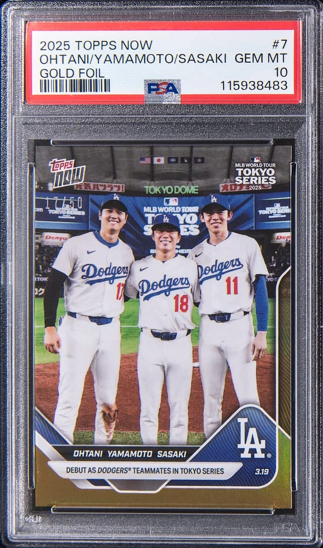 2025 Topps Now Shohei Ohtani/Yoshinobu Yamamoto/Roki Sasaki - Ohtani's Jersey Number Gold Foil #7 card image