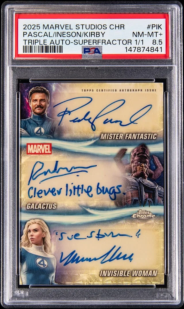 2025 Topps Pedro Pascal/Ralph Ineson/Vanessa Kirby Multi-Signed, Inscribed Marvel Studios Chrome Triple Autographs SuperFractor #TA-PIK card image