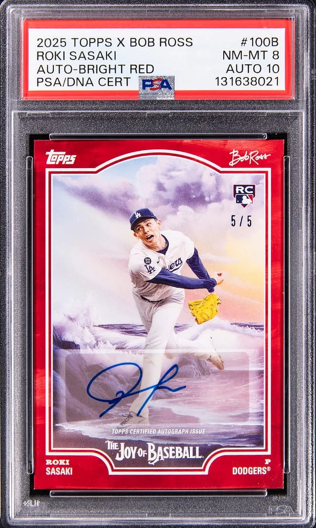 2025 Topps Roki Sasaki x Bob Ross Autograph Bright Red #100B card image