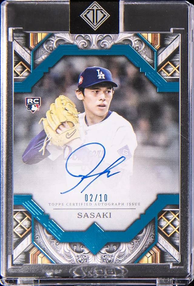 2025 Topps Roki Sasaki Transcendent Gold Frame Autograph Blue #TAC-RSA card image
