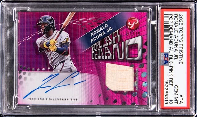 2025 Topps Ronald Acuna Jr. Pristine Popular Demand Autograph Relic Pink Refractor #PPDAR-RA card image
