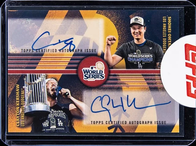2025 Topps Shohei Ohtani, Clayton Kershaw World Series Champion Dual Autograph Red #WCDA-SC card image