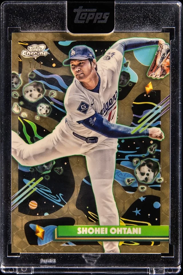 2025 Topps Shohei Ohtani Dodgers Pitching SuperFractor 1/1 - Topps Encased Cosmic Chrome #56 card image