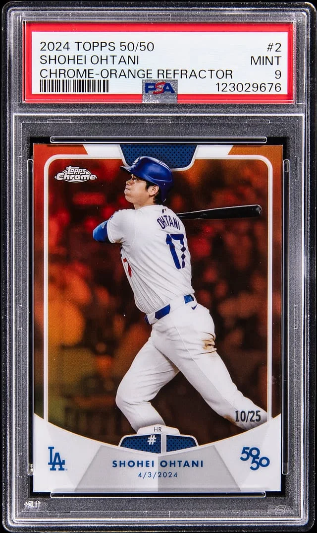2025 Topps Shohei Ohtani - First Home Run of Historic Season 50/50 Chrome Orange Refractor #2 card image