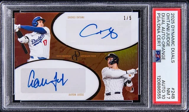2025 Topps Shohei Ohtani/Aaron Judge Dynamic Duals Dual Autographs Orange #24B card image