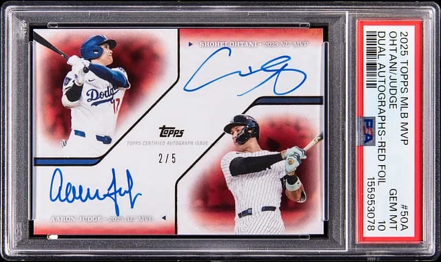 2025 Topps Shohei Ohtani/Aaron Judge MLB MVP Dual Autographs Red Foil #50A card image